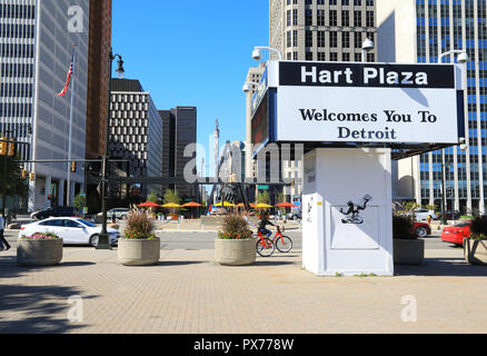 Hart-Plaza am Flussufer, in Detroit, Michigan, USA Stockfoto