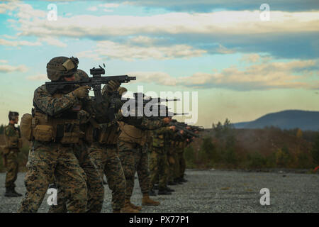 Die norwegische Home Guard Züge U.S. Marines mit 2. Marine Logistik Group-Forward auf verschiedenen Gewehren durch die Norweger während der Übung Trident Punkt 18 in der Hölle, Norwegen, Okt. 12, 2018 verwendet. Die Norweger ausgebildete US-Marines auf der Einarbeitung der verschiedenen Gewehren durch die Norweger verwendet, Fähigkeit, die USA und die NATO-Verbündeten zur Zusammenarbeit militärische Operationen unter schwierigen Bedingungen zu verbessern. (U.S. Marine Corps Foto von gunnery Sgt. Jason W. Fudge) Stockfoto