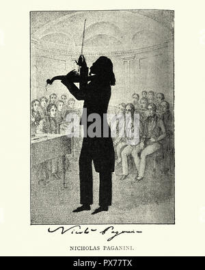 Vintage Gravur von Silhouette Portrait von Niccolo Paganini ein italienischer Violinist, Bratschist, Gitarrist und Komponist. von Auguste Edouart, 19. Stockfoto