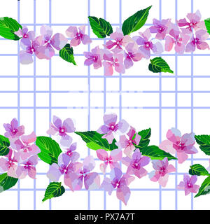 Lila Blumen nahtlose Muster. Kleine Blüten und Blätter Hand gezeichnet. Vector Illustration für Textil, Verpackung, scrapbooking. Stockfoto
