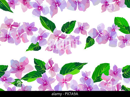 Lila Blumen nahtlose Muster. Kleine Blüten und Blätter Hand gezeichnet. Vector Illustration für Textil, Verpackung, scrapbooking. Stockfoto