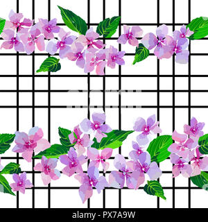 Lila Blumen nahtlose Muster. Kleine Blüten und Blätter Hand gezeichnet. Vector Illustration für Textil, Verpackung, scrapbooking. Stockfoto
