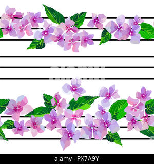 Lila Blumen nahtlose Muster. Kleine Blüten und Blätter Hand gezeichnet. Vector Illustration für Textil, Verpackung, scrapbooking. Stockfoto