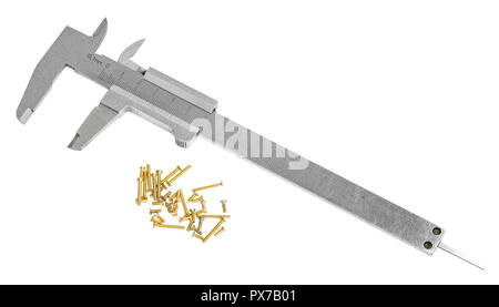 Alte stahl Bremssättel und viel Messing Schrauben auf weißem Hintergrund Stockfoto