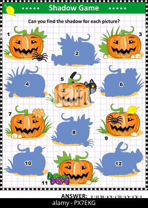Halloween themed visuelle Puzzle oder Bild Rätsel mit Kürbissen: können Sie die Schatten für jedes Bild zu finden? Antwort enthalten. Stock Vektor