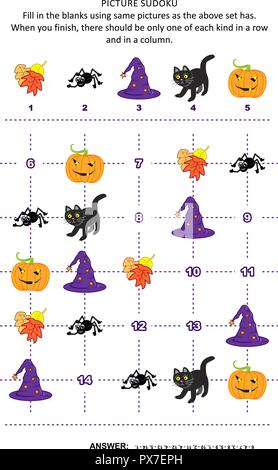 Halloween Festival themed Bild Sudoku 5x5 (ein Block) mit Kürbis, schwarze Katze, Spider, Herbstblätter, Witch's Hut. Antwort enthalten. Stock Vektor