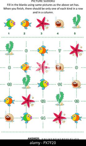 Bild Sudoku 5x5 (ein Block) mit Unterwasser Wesen - Fisch, Krabben, in der Schale, Algen, Stern Fisch. Antwort enthalten. Stock Vektor