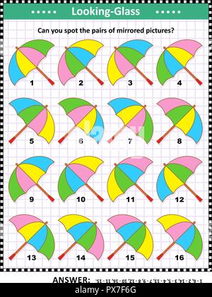 IQ, Gedächtnis und räumlichen Fähigkeiten Ausbildung visual abstrakte Puzzle mit bunte Sonnenschirme: Erkennen Sie den Paaren gespiegelter Bilder? Antwort enthalten. Stock Vektor