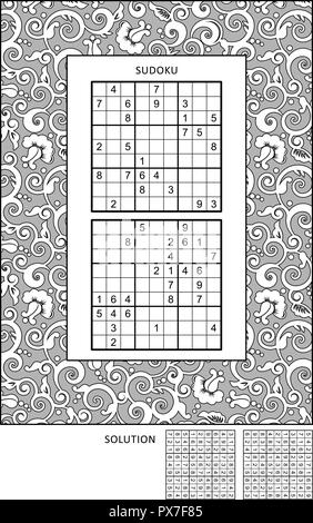 Puzzle und Färbung Aktivität Seite mit zwei Sudoku Rätsel der komfortablen Niveau und breiten dekorativen Rahmen Farbe. Antwort enthalten. Stock Vektor
