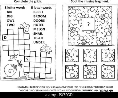 Aktivität Seite mit zwei Rätsel. Fill-in-Kreuzworträtsel oder Wort Spiel. Stelle Das fehlende Fragment des Pattern. Schwarz und Weiß. Antworten enthalten. Stock Vektor