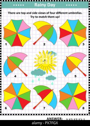 IQ und räumlichen Fähigkeiten Ausbildung visuelle Puzzle mit bunte Sonnenschirme: Es sind die oberen und seitlichen Blick auf vier verschiedene Schirme. Versuche, sie passen! Stock Vektor