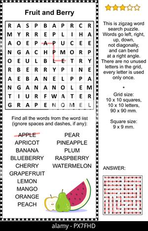 Obst und Beeren themed Zickzack Word Search Puzzle (geeignet sowohl für Kinder und Erwachsene). Antwort enthalten. Stock Vektor