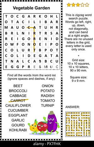 Gemüse themed Zickzack Word Search Puzzle (geeignet sowohl für Kinder und Erwachsene). Antwort enthalten. Stock Vektor