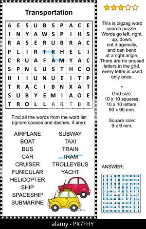 Transport themed Zickzack Word Search Puzzle (geeignet sowohl für Kinder und Erwachsene). Antwort enthalten. Stock Vektor