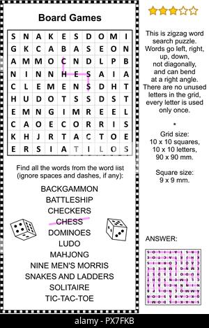 Gesellschaftsspiele themed Zickzack Word Search Puzzle (geeignet sowohl für Kinder und Erwachsene). Antwort enthalten. Stock Vektor