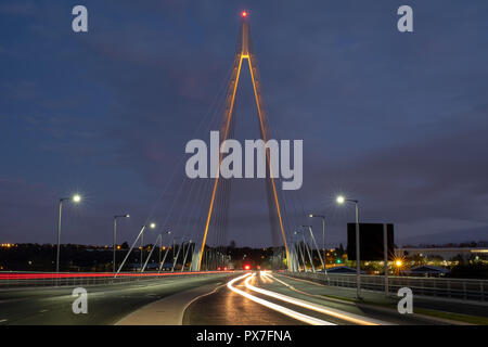 Der nördliche Turm Brücke ist eine Brücke über den Fluss Tyne in Sunderland, Abnutzung und Verschleiß. Die Kreuzung wurde am 28. August 2018. Ein drei-span Schrägseilbrücke Stockfoto