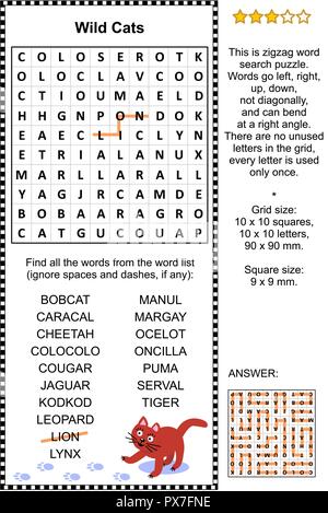 Wilde Katzen themed Zickzack Word Search Puzzle (geeignet sowohl für Kinder und Erwachsene). Antwort enthalten. Stock Vektor