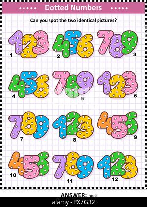 IQ und Gedächtnistraining visuelle Puzzle für Kinder und Erwachsene mit bunten gepunkteten Zahlen: Erkennen Sie den zwei identische Bilder? Antwort enthalten. Stock Vektor