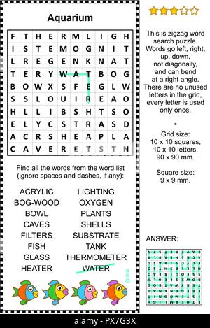 Aquarium themed Zickzack Word Search Puzzle (geeignet sowohl für Kinder und Erwachsene). Antwort enthalten. Stock Vektor