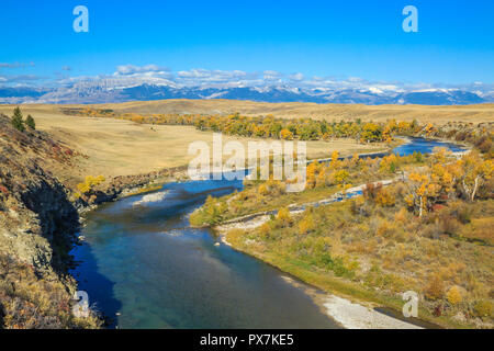 Herbst Farben entlang der Sonne Fluss unterhalb des Rocky Mountain Front in der Nähe von Augusta, Montana Stockfoto