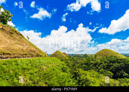 Blick auf den Chocolate Hills an einem sonnigen Tag auf der Insel Bohol, Philippinen Stockfoto