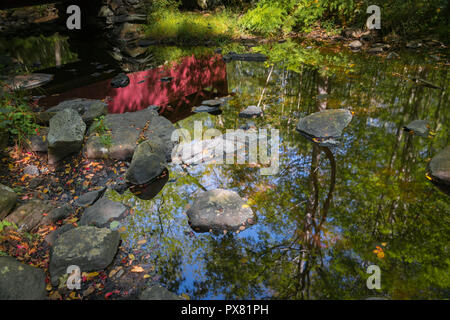 Herbst Farben und rote hölzerne Brücke in einem Stream wider Stockfoto