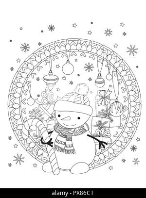 Weihnachten Färbung Seite. Nach Malbuch. Süße Schneemann mit Schal und Mütze gestrickt. Urlaub Dekoration und Haufen von präsentiert. Hand Überblick Vector Illustration gezeichnet. Stock Vektor