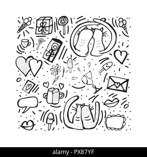 Doodle mit niedlichen Liebe Symbole gesetzt. Katzen und Valentinstag Objekte. Malbuch Komposition. Vector Illustration. Stock Vektor