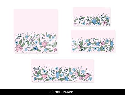 Satz von Vorlagen mit wilden Blumen und Blätter Komposition. Hand gezeichneten Stil baclgrounds. Vector Abbildung. Stock Vektor