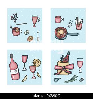 Vektor einrichten von quadratischen Karten mit Glühwein Zutaten und Objekte. Zusammensetzung in doodle Stil. Stock Vektor