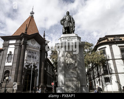 Funchal, Banco de Portugal, Statue João Gonçalves Zarco, Sailor, Wiederentdeckung von Madeira, Portugal, Madeira Stockfoto