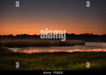 Die Ufer des Okavango in Botswana, unter der orange Glühen von Sunrise auf dieser Strecke des Flusses vor dem Okavango Delta region Stockfoto