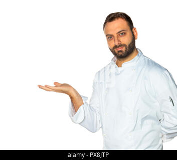 Jungkoch in weißen Uniform isoliert auf weißem Hintergrund. Stockfoto