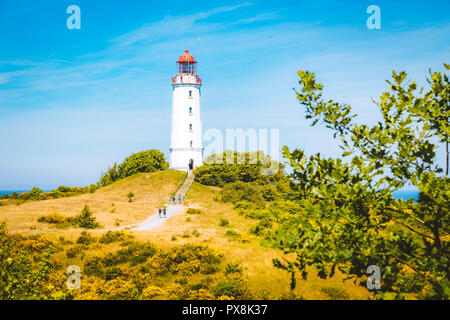 Klassische Ansicht der berühmte Leuchtturm Dornbusch auf der schönen Insel Hiddensee mit blühenden Blumen im Sommer, Ostsee, Mecklenburg-Vorpommern Stockfoto