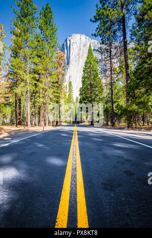 Berühmte El Capitan Berg mit Straße durch Yosemite Valley in wunderschönen goldenen lichter Morgen bei Sonnenaufgang, Yosemite National Park, USA Stockfoto