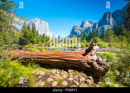 Klassische Ansicht des malerischen Yosemite Valley mit berühmten El Capitan Klettern Gipfel und idyllischen Merced Fluss an einem sonnigen Tag mit blauem Himmel und Wolken Stockfoto