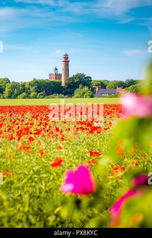 Schönen Blick auf Kap Arkona Leuchtturm mit einem Feld von blühenden Roter Mohn Blumen im Sommer, Insel Rügen, Ostsee, Deutschland Stockfoto