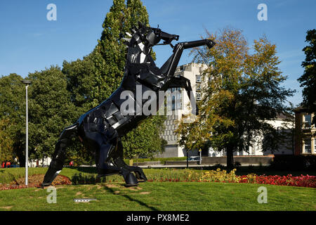 Die Metal Black Horse Skulptur namens Bucephalus und wusste, lokal als Auslöser. Die Skulptur wurde von Simon Evans erstellt und ist auf greyfriars Green in Stockfoto