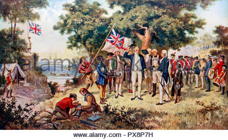 Der britische Entdecker Captain Cook nahm 1770 New South Wales in Besitz, farbige Illustration Stockfoto