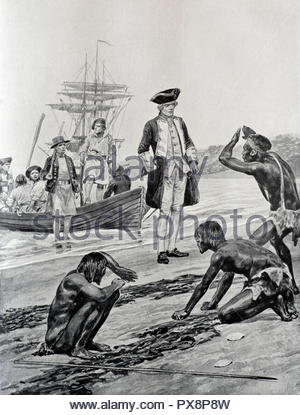 British explorer Captain Cook Landung in Tasmanien 1777, Illustration von 1922 Stockfoto