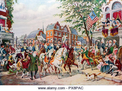 Der Eintritt des Präsidenten George Washington in New York 23. April 1789, Farbillustration von c1900 Stockfoto