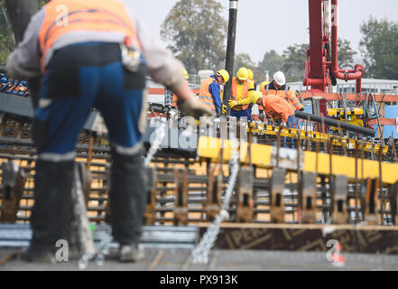 Stuttgart, Deutschland. Okt, 2018 20. 20. Oktober 2018, Deutschland, Stuttgart: Arbeitnehmer Beton in die Schalung der ersten Cup unterstützen. Insgesamt 28 Becher Spalten sind für den neuen Hauptbahnhof in Stuttgart betoniert werden. Es wird Tageslicht die später U-Bahn Hauptbahnhof gelangen. Credit: Sebastian Gollnow/dpa/Alamy leben Nachrichten Stockfoto