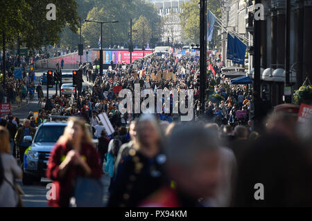 London, Großbritannien. 20. Oktober 2018. Tausende von Menschen nehmen an einer Demonstration, die von der Abstimmung Kampagne organisiert, beginnend mit einem Marsch von Park Lane zu einer Kundgebung in Parliament Square. Die Abstimmung soll ein Referendum über das Ergebnis der abschließenden Brexit Verhandlungen vor dem 29. März 2019, dem Tag, an dem das Vereinigte Königreich durch die EU zu verlassen. Credit: Stephen Chung/Alamy leben Nachrichten Stockfoto