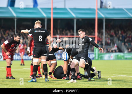 Während der Europäischen Rugby Champions Cup, Round 2, Pool 3 Übereinstimmung zwischen Sarazenen und Lyon bei der Allianz Park am Samstag, den 20. Oktober 2018. LONDON ENGLAND. (Nur redaktionelle Nutzung, eine Lizenz für die gewerbliche Nutzung erforderlich. Keine Verwendung in Wetten, Spiele oder einer einzelnen Verein/Liga/player Veröffentlichungen). Stockfoto