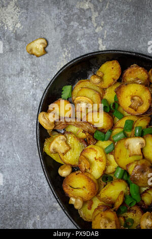 Rustikale frische Bratkartoffeln mit Pilzen und Zwiebeln in eiserne Pfanne auf grauem Hintergrund Stockfoto