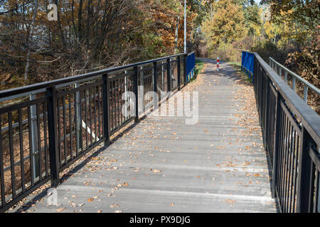 Eine Brücke aus Planken in Mitteleuropa. Überquerung des Flusses auf einem Gitter von der Schmalspurbahn Brücke gebaut. Jahreszeit der Herbst. Stockfoto