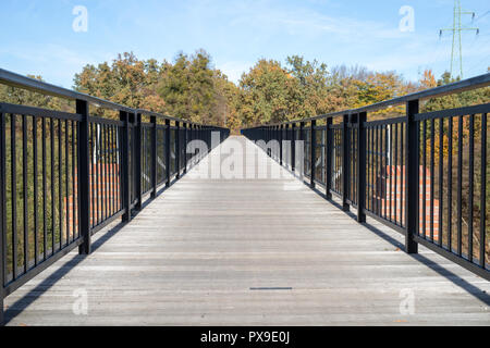 Eine Brücke aus Planken in Mitteleuropa. Überquerung des Flusses auf einem Gitter von der Schmalspurbahn Brücke gebaut. Jahreszeit der Herbst. Stockfoto