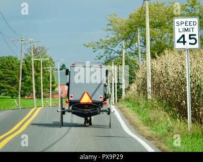 Amish Pferd und Wagen auf der Straße von hinten, Clinton County, Pennsylvania, USA Stockfoto