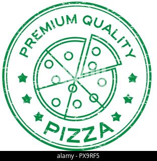 Grunge grün premium qualität Pizza mit Slice platte Logo runden Stempel Stock Vektor