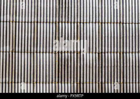 Alte Dach von grauem Schiefer, bedeckt mit Schimmel und Moos Stockfoto